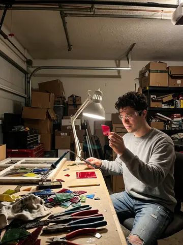 Corey, AI character: his garage workbench at night, stained-glass pieces laid out beside soldering tools and a half-repaired…