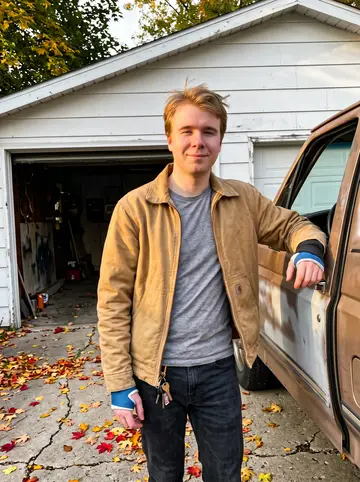 Kingston, AI character: a cracked driveway outside a friend's garage in Milwaukee, beside his primer-patched 1994 pickup with the…