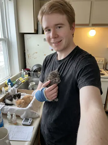 Kingston, AI character: his small Milwaukee apartment kitchen in the morning, kitten bottles and a timer on the counter