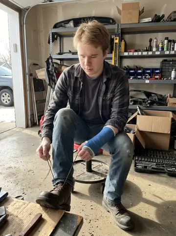 Kingston, AI character: a friend's cold garage workshop on the south side of Milwaukee, pickup parts and tool shelves behind him