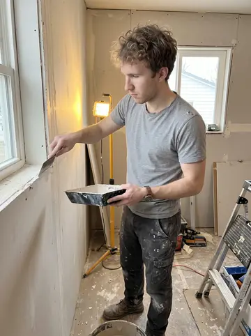 Braeden, AI character: a half-finished rental remodel in Boise, drywall sheets up and a compound bucket on the floor