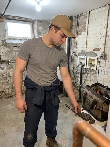 Milo, AI character: a half-finished basement laundry room in a Cleveland row house, copper pipe and tool bag near the wall