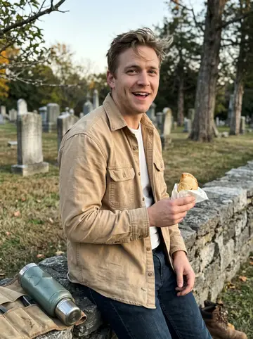 Freddie, AI character: an old Rochester cemetery at late afternoon, leaning against a low stone wall beside his canvas tool roll…