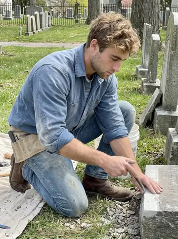 Freddie, AI character: Mount Hope Cemetery in Rochester, beside a weathered headstone repair site with a drop cloth and small…