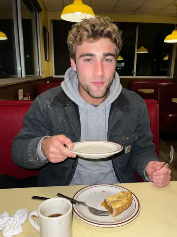 Freddie, AI character: a small Rochester diner booth after work, with a slice of pie and coffee on the table