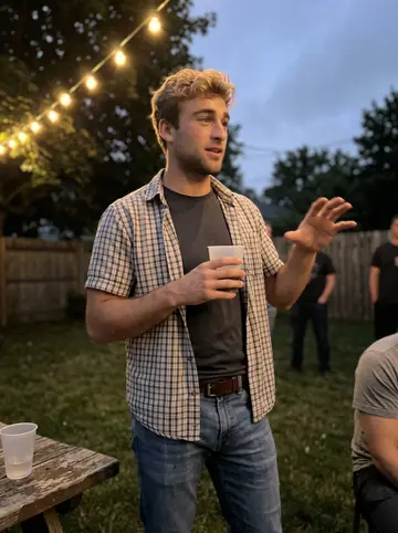 Freddie, AI character: a Rochester backyard get-together under string lights, standing near a picnic table with friends cropped…