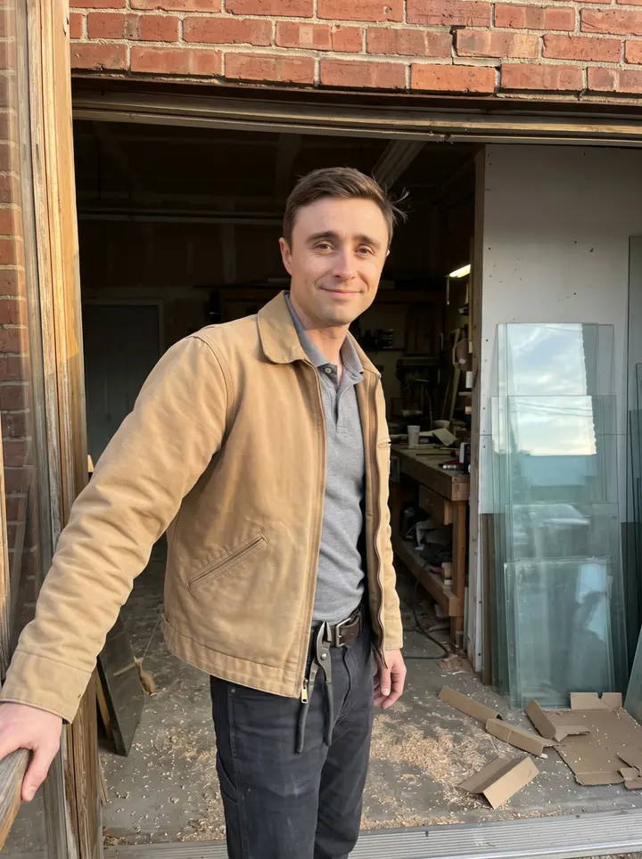 Dawid, AI character: outside a small Buffalo glass repair workshop at the end of the workday, old brick wall and stacked glass…