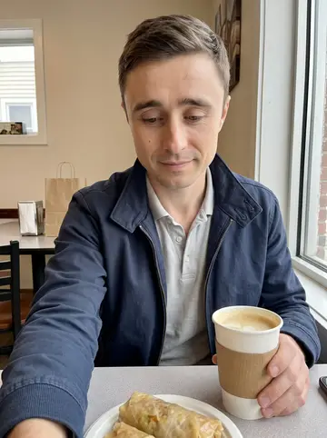 Dawid, AI character: a small Polish deli cafe in Buffalo before work, paper coffee cup and wrapped cabbage rolls on the table