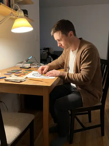 Dawid, AI character: his tidy apartment table late at night, small stained glass pieces, soldering iron stand, and a…