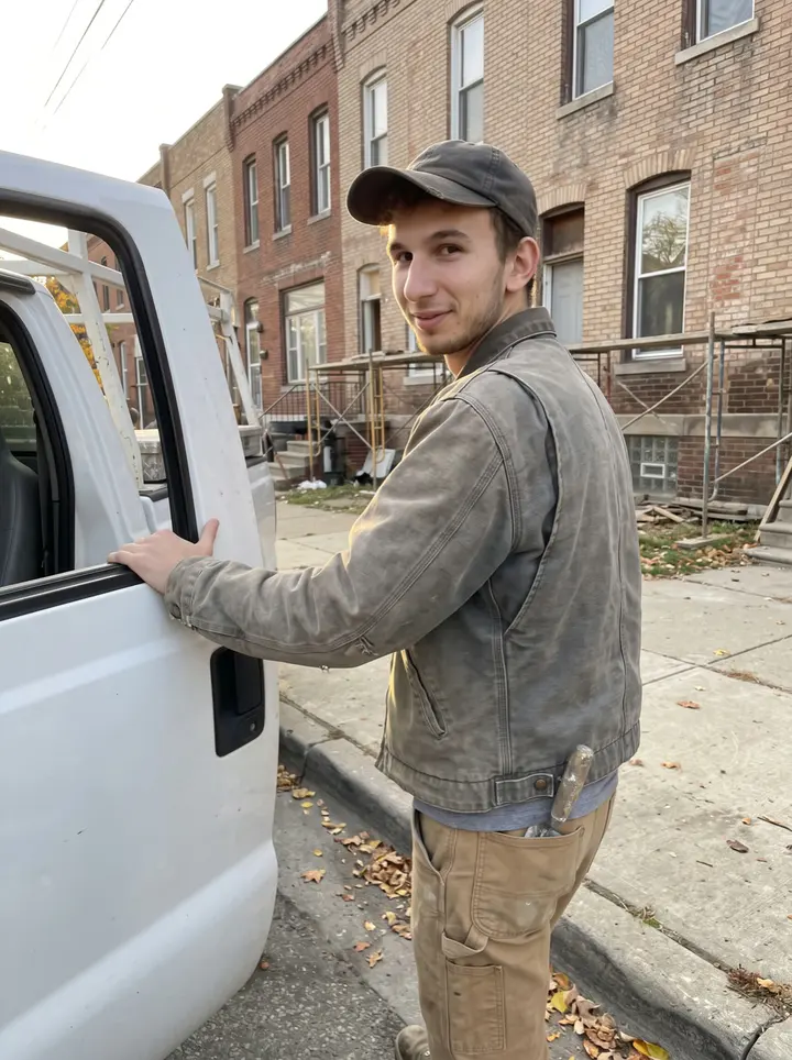 Krzysztof, AI character: a quiet Detroit side street near a brick rowhouse renovation, leaning with one arm on the open door of his…