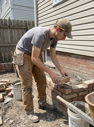Krzysztof, AI character: a small masonry jobsite behind a Detroit duplex, half-built brick garden steps and buckets of mortar…