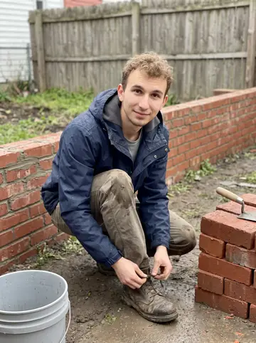 Krzysztof, AI character: his grandmother's small backyard in Hamtramck after rain, an old brick garden wall partly repaired behind him