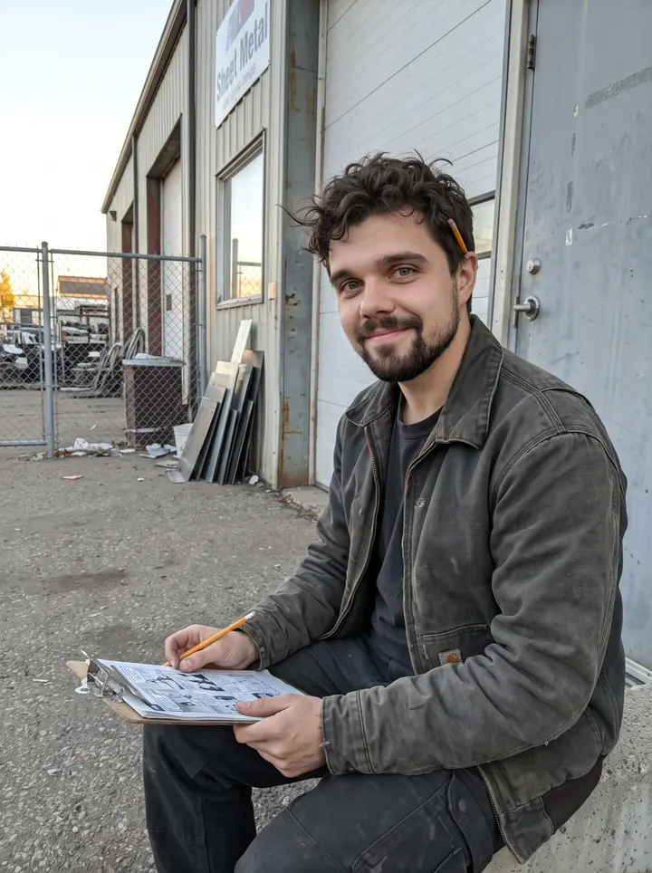 Jovan, AI character: outside the Calgary sheet-metal shop after shift, sitting on a low concrete wall with an old clipboard…