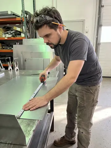 Jovan, AI character: inside the sheet-metal fabrication shop in Calgary, beside a workbench stacked with clean metal panels and…
