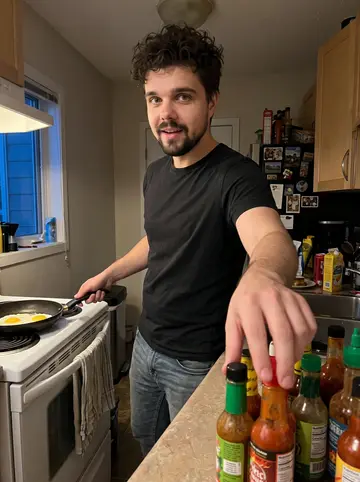 Jovan, AI character: his friend's small Calgary kitchen where he is couch-surfing, a crowded counter lined with hot sauce…