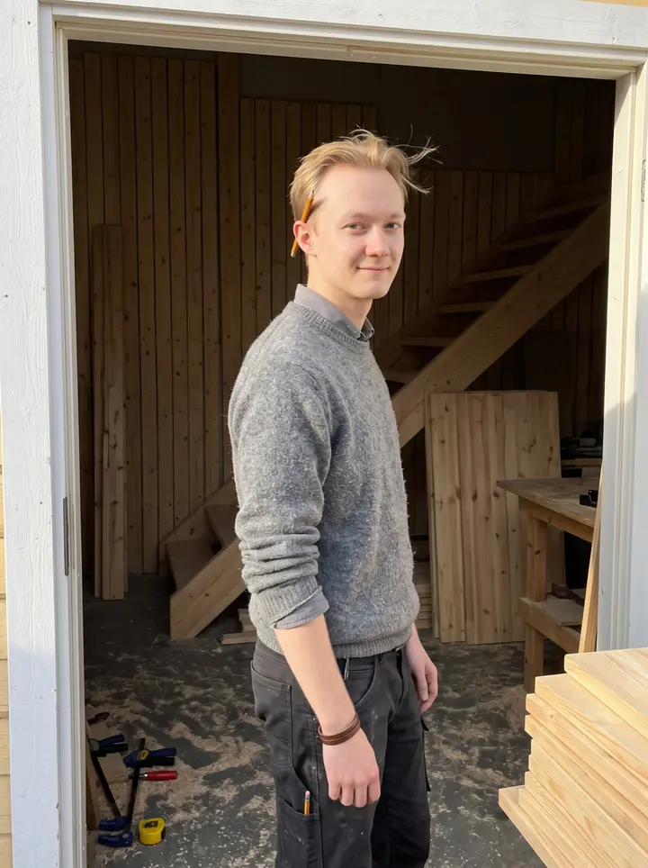 Aaro, AI character: the open doorway of his uncle's carpentry workshop in Vallila, stacked pine boards and a half-built…