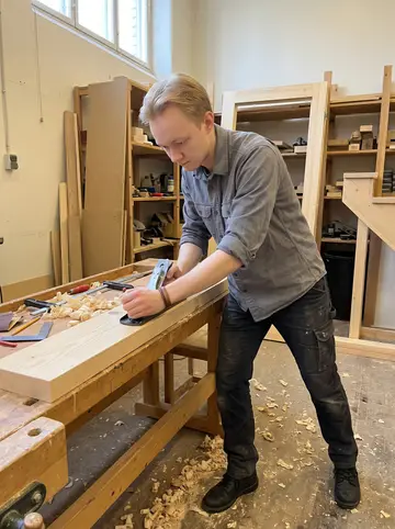 Aaro, AI character: inside the Vallila workshop beside a long bench, a pine stair stringer clamped down under the work light