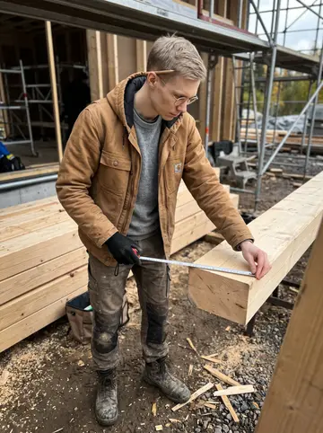 Eero, AI character: a timber-frame house jobsite outside Tampere, stacked beams and temporary scaffolding behind him
