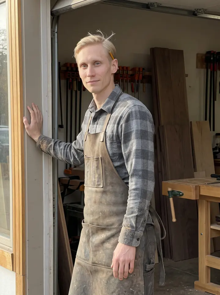 Per, AI character: the open doorway of a small Minneapolis cabinet shop, stacked walnut boards and clamps visible behind him