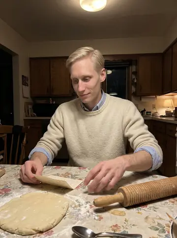 Per, AI character: his grandmother's warm Minneapolis kitchen on a Wednesday night, lefse dough, a rolling pin, and a floral…