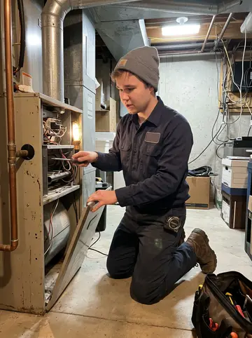 Fyodor, AI character: a customer basement mechanical room in Winnipeg, furnace panel open, tool bag on the concrete floor