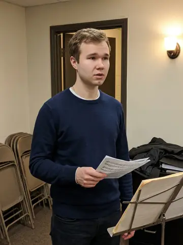 Fyodor, AI character: a church basement rehearsal room after choir practice, folding chairs stacked against the wall and a music…