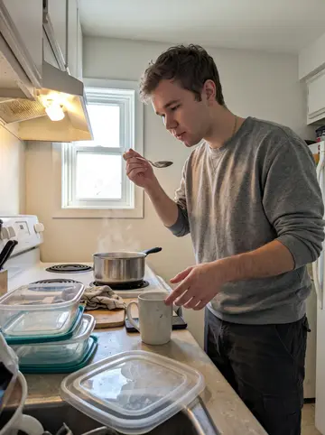 Fyodor, AI character: his small apartment kitchen in Winnipeg, soup pot on the stove, lunch containers lined up for coworkers