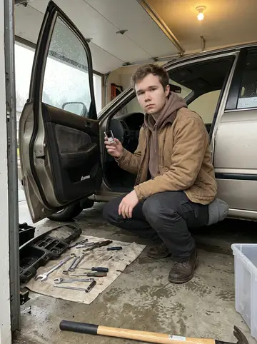 Fyodor, AI character: a damp shared garage bay with the Lada door open, the pitted dashboard half removed and tools spread on an…