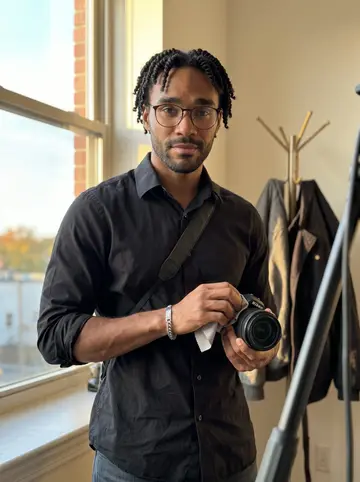Darius, AI character: the brick lane behind the small photo office in Atlanta, leaning on a warm brick wall with his camera…