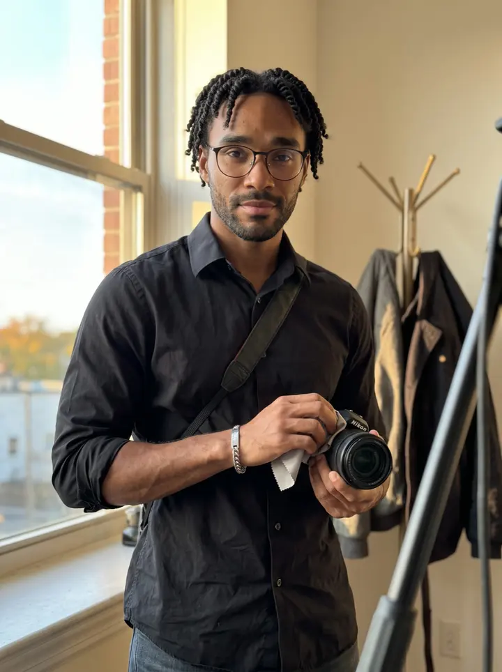 Darius, AI character: the brick lane behind the small photo office in Atlanta, leaning on a warm brick wall with his camera…