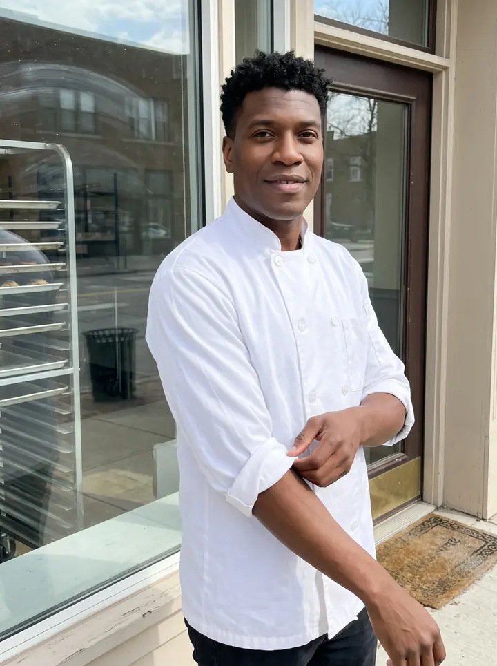 Rodney, AI character: outside the small Detroit bakery just after the morning rush, standing beside the front window with trays…