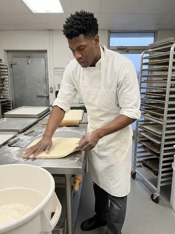 Rodney, AI character: the bakery prep table before sunrise, metal racks, sheet pans, flour bins and a worn wooden rolling pin nearby