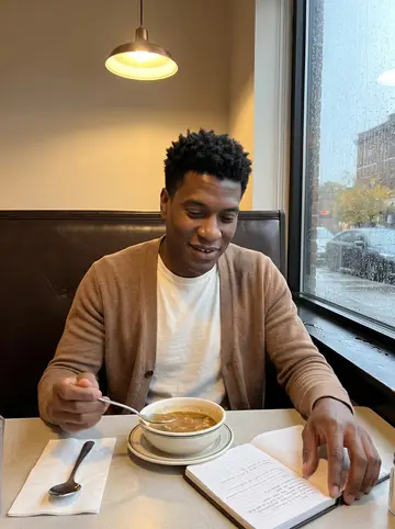Rodney, AI character: a quiet late dinner booth near Eastern Market after closing the bakery, rain streaking the window beside him
