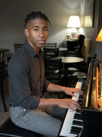 Dayo, AI character: a small Philadelphia jazz room before the Wednesday set, seated at the piano with the lid half down, a few…