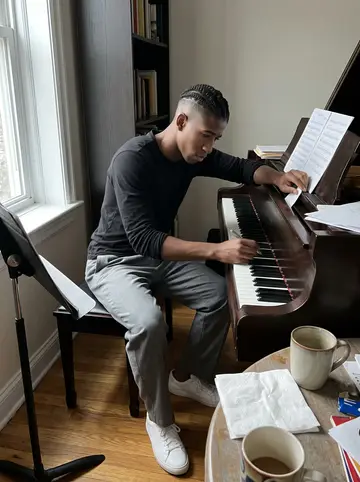 Dayo, AI character: his one-bedroom Philadelphia apartment, the too-large grand piano wedged between a bookshelf and a small…