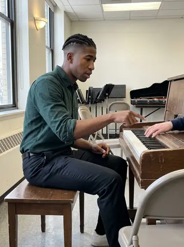 Dayo, AI character: a neighborhood community center piano room on Saturday morning, folding chairs and a scuffed upright piano…