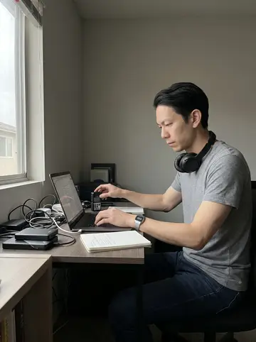 Vincent, AI character: his Rowland Heights apartment desk on an overcast afternoon, laptop open with labeled folders, a small…