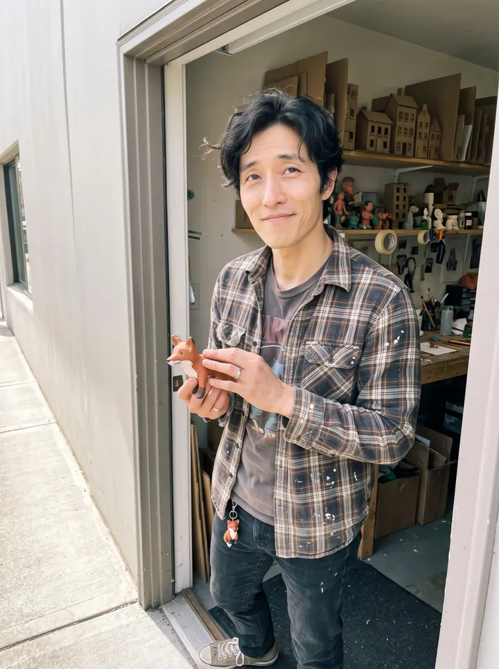Clarence, AI character: outside a small Seattle animation workroom, standing in the doorway with shelves of cardboard sets and…