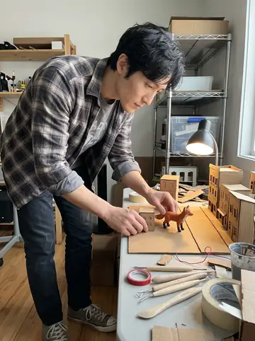 Clarence, AI character: inside the animation workroom at a low table covered with tiny cardboard buildings, clay tools, tape, and…
