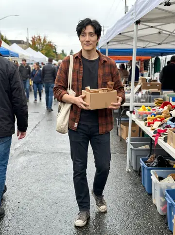 Clarence, AI character: Fremont Sunday swap meet in Seattle, standing between folding tables of old toys, fabric scraps, and odd props
