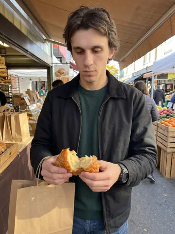 Fabien, AI character: Jean-Talon Market on a Saturday afternoon, standing beside a bakery stall with paper bags and fruit crates…