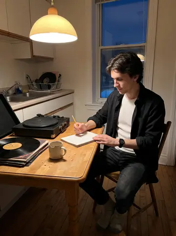 Fabien, AI character: his small Montreal apartment kitchen at night, old Jacques Brel records stacked beside a portable…