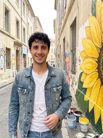 Yassine, AI character: a freshly painted sunflower mural on a side street in Cours Julien, Marseille, with paint buckets near the…