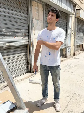 Yassine, AI character: the side of a neglected shopfront near La Plaine, halfway through a large painted wall piece