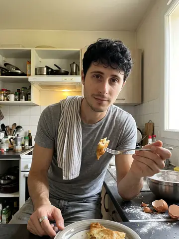 Yassine, AI character: his small Marseille apartment kitchen, flour on the counter while he tries his grandmother's brik recipe