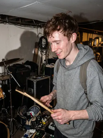 Jordan, AI character: small all-ages basement rehearsal room in Dorchester after a local show, drum kit and amp cases behind him
