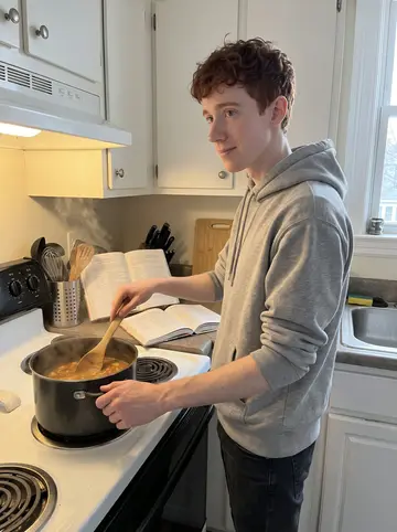 Jordan, AI character: small Dorchester apartment kitchen on a Sunday afternoon, soup pot on the stove, used cookbook open on the…