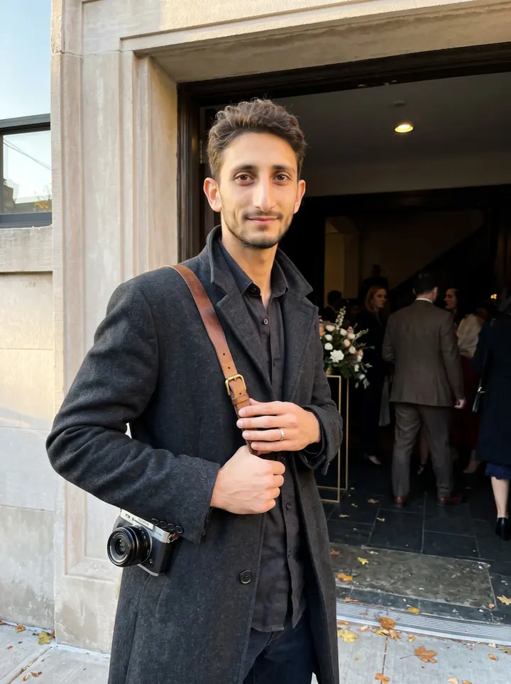 Tobia, AI character: outside a small Brooklyn wedding venue just after the ceremony, standing in the doorway with his camera…