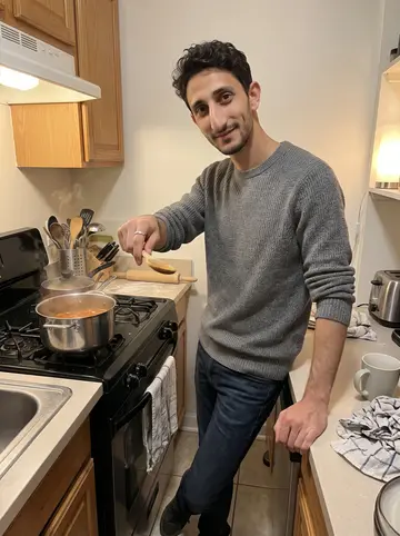 Tobia, AI character: his narrow Brooklyn apartment kitchen, a pot of tagliatelle sauce on the stove and a rolling pin on the…