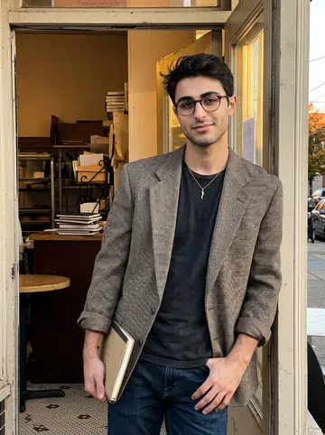 Bernardo, AI character: the front doorway of his family's South Philly corner bakery just before closing, warm shelves and a small…